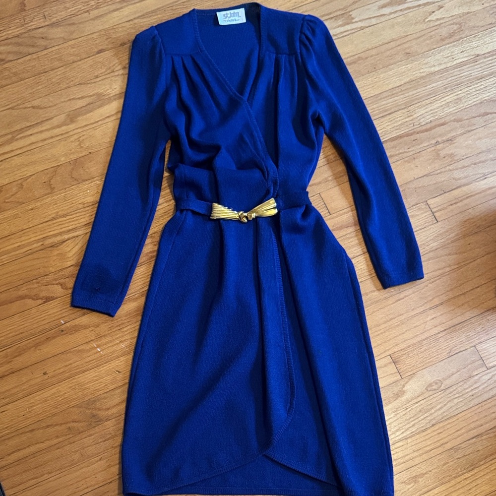 St. John Blue Long Sleeve Dress with Gold Belt